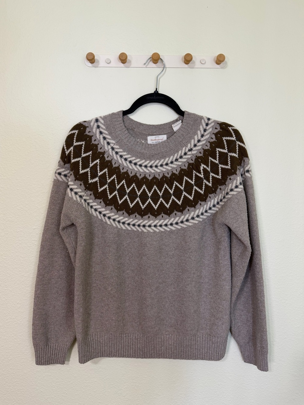 Weatherproof Taupe Crewneck Sweater with Brown & White Fair Isle Yoke